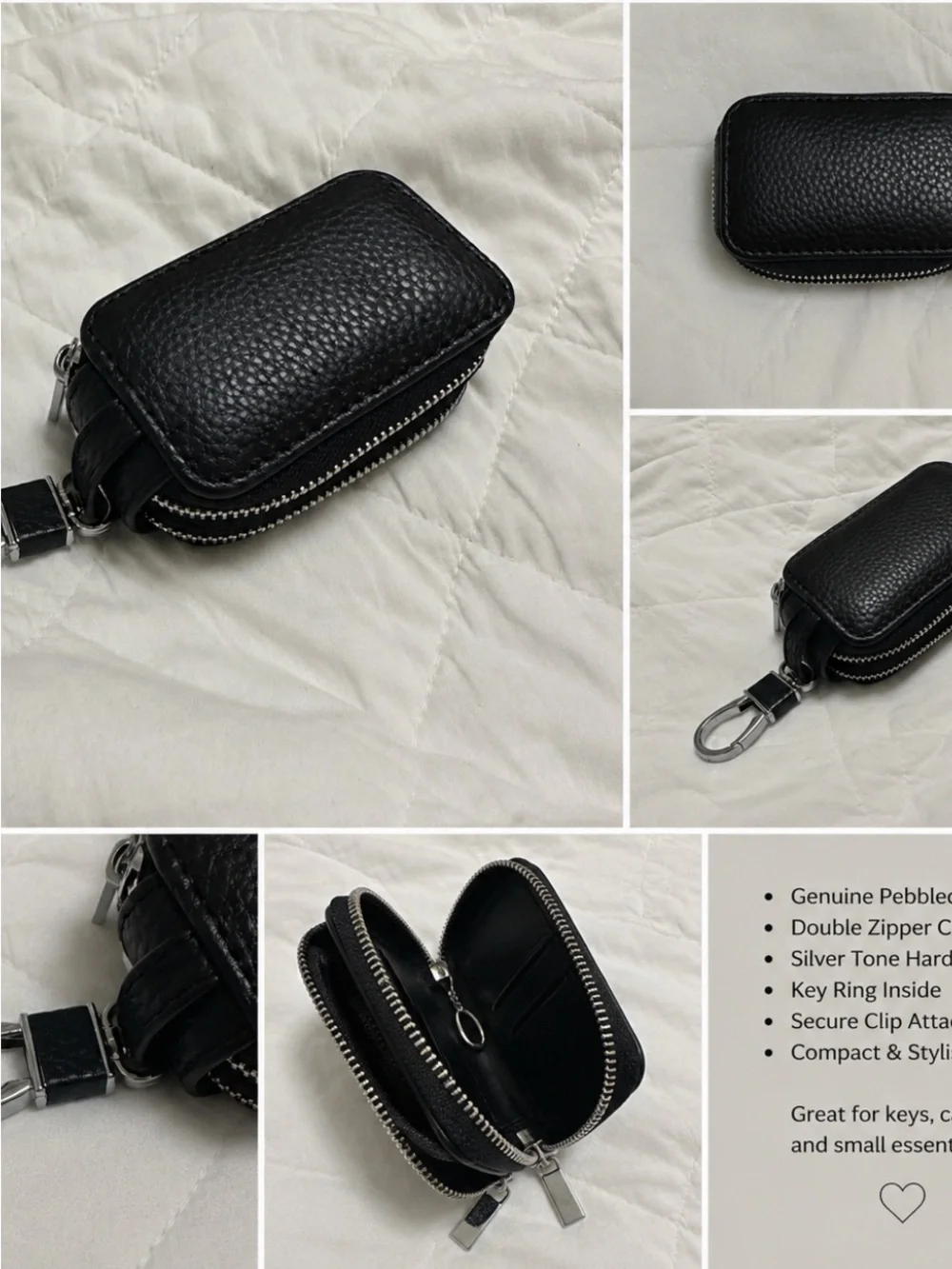 Black Pebbled Leather Double-Zip Key Pouch